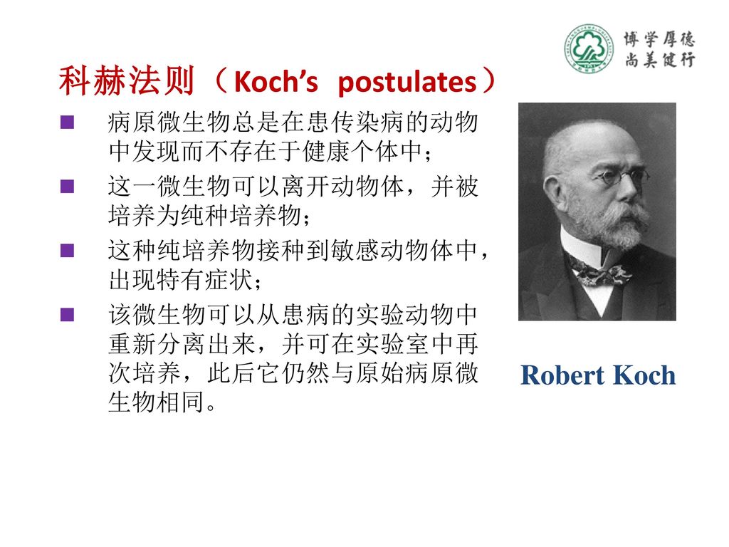 科赫法则(koch's postulates 病原微生物总是在患传染病的动物中发现